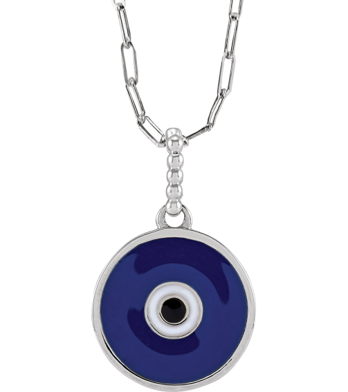 R50047 Necklace 14K White 16.5 X 12.3 Mm 18 In Polished Blue Enameled Evil Eye Necklace
