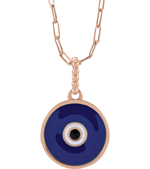 R50047 Necklace 10K Rose 16.5 X 12.3 Mm 18 In Polished Blue Enameled Evil Eye Necklace