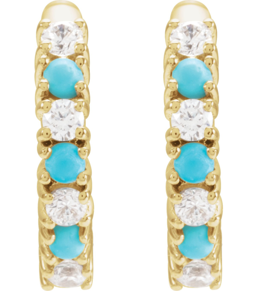 689189 Earring Set Natural Turquoise Round 1.7 Mm 14K Yellow Natural Diamond Pair Hinged Polished 13 Ctw Natural Diamond And Natural Turquoise Hoop Earrings