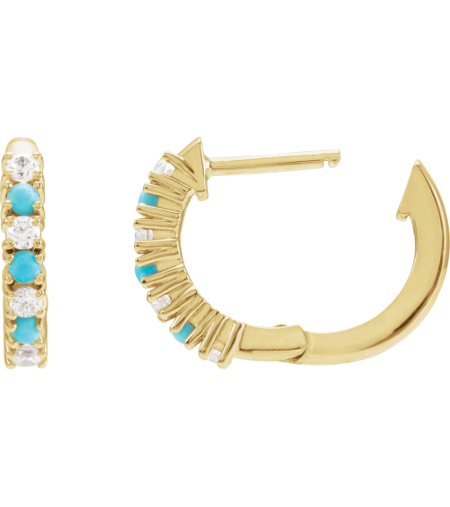 689189 Earring Set Natural Turquoise Round 1.7 Mm 14K Yellow Natural Diamond Pair Hinged Polished 13 Ctw Natural Diamond And Natural Turquoise Hoop Earrings