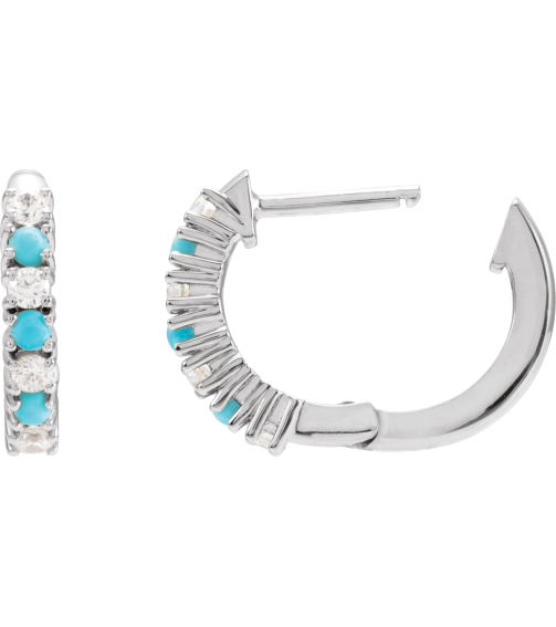 689189 Earring Set Natural Turquoise Round 1.7 Mm 14K White Natural Diamond Pair Hinged Polished 13 Ctw Natural Diamond And Natural Turquoise Hoop Earrings