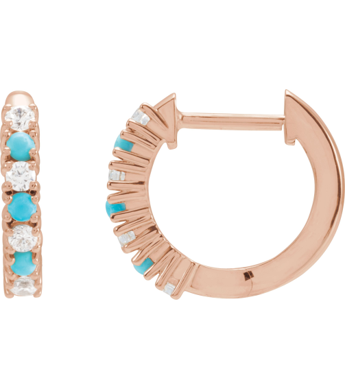 689189 Earring Set Natural Turquoise Round 1.7 Mm 14K Rose Natural Diamond Pair Hinged Polished 13 Ctw Natural Diamond And Natural Turquoise Hoop Earrings