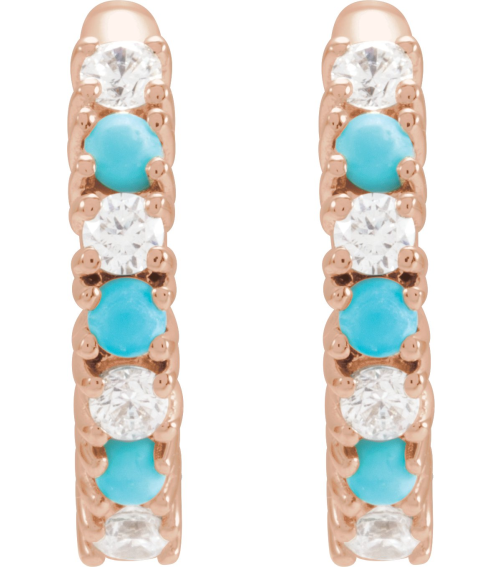 689189 Earring Set Natural Turquoise Round 1.7 Mm 14K Rose Natural Diamond Pair Hinged Polished 13 Ctw Natural Diamond And Natural Turquoise Hoop Earrings