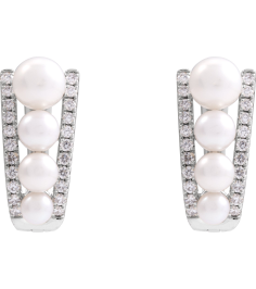 689191 Earring Set Cultured White Freshwater Pearl Pearl 5 Mm 14K White Natural Diamond Pair Friction Backs Included Polished Freshwater Pearl And 14 Ctw Natural Diamond Hoop Earrings
