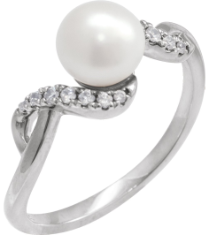 689194 Ring Set 14K White Cultured Freshwater Pearl Pearl 6.5 Mm Natural Diamond Polished Freshwater Pearl And 18 Ctw Natural Diamond Ring