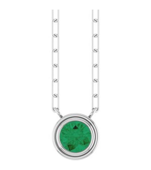 88688 Necklace Set Sterling Silver Round Natural Emerald 5 Mm 18 In Polished Natural Emerald Bezel-Set Necklace