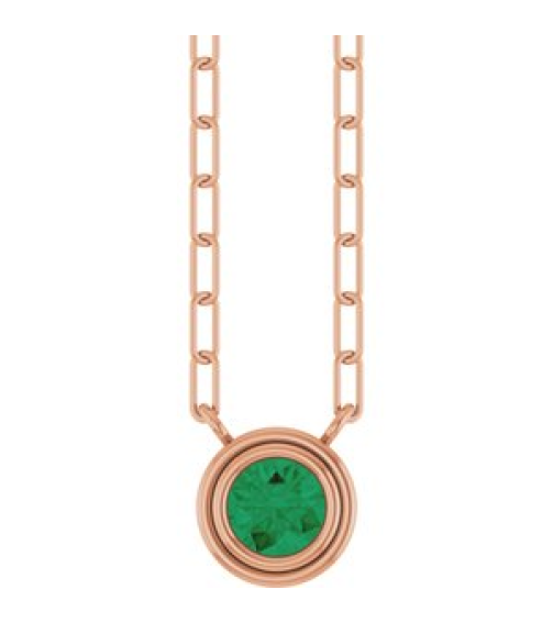 88688 Necklace Set 14K Rose Round Lab-Grown Emerald 4 Mm 18 In Polished Lab-Grown Emerald Bezel-Set Necklace