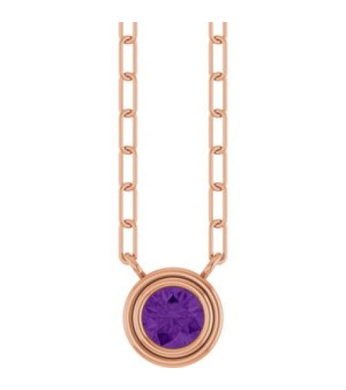 88688 Necklace Set 14K Rose Round Natural Amethyst 4 Mm 18 In Polished Natural Amethyst Bezel-Set Necklace