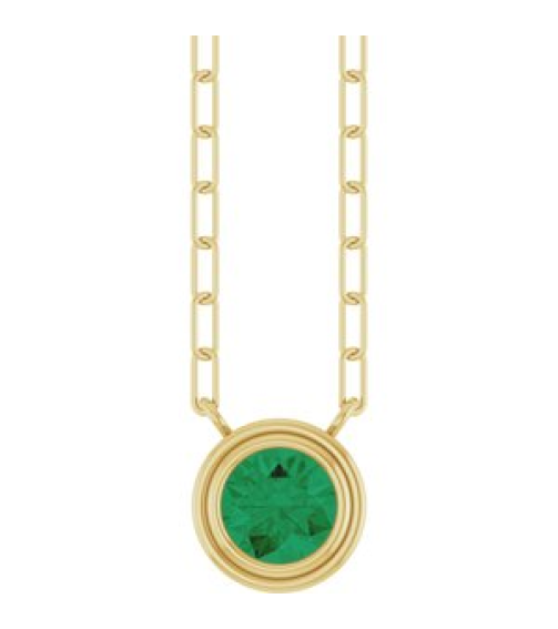 88688 Necklace Set 14K Yellow Round Lab-Grown Emerald 5 Mm 18 In Polished Lab-Grown Emerald Bezel-Set Necklace