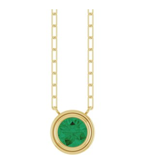88688 Necklace Set 14K Yellow Round Lab-Grown Emerald 6 Mm 18 In Polished Lab-Grown Emerald Bezel-Set Necklace