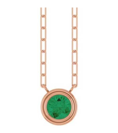 88688 Necklace Set 14K Rose Round Natural Emerald 5 Mm 18 In Polished Natural Emerald Bezel-Set Necklace