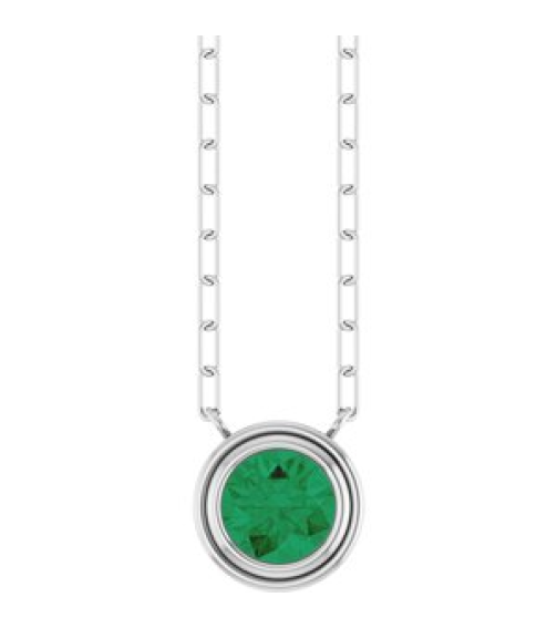 88688 Necklace Set Sterling Silver Round Lab-Grown Emerald 6 Mm 18 In Polished Lab-Grown Emerald Bezel-Set Necklace