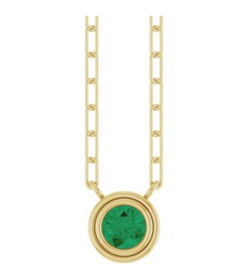 88688 Necklace Set 14K Yellow Round Lab-Grown Emerald 4 Mm 18 In Polished Lab-Grown Emerald Bezel-Set Necklace