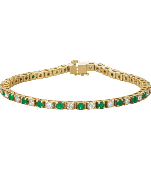 Brc12 Bracelet Set 14K Yellow Round Natural Emerald Natural Diamond 3Mm 2 13 Ctw I1, G-H 7 In Polished Line Bracelet