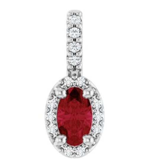 88709 Pendant Set Sterling Silver Oval Lab-Grown Ruby 5 X 3Mm 0.04 Ctw Natural Diamond I1, G-H Polished Lab-Grown Ruby And .04 Ctw Natual Diamond 4-Prong Halo-Style Pendant
