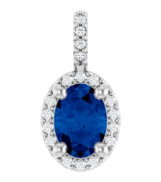 88709 Pendant Set Platinum Oval Lab-Grown Blue Sapphire 7 X 5Mm 0.07 Ctw Natural Diamond Si2-Si3, G-H Polished Lab-Grown Blue Sapphire And .07 Ctw Natual Diamond 4-Prong Halo-Style Pendant