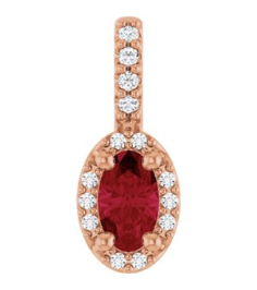 88709 Pendant Set 14K Rose Oval Lab-Grown Ruby 5 X 3Mm 0.04 Ctw Natural Diamond I1, G-H Polished Lab-Grown Ruby And .04 Ctw Natual Diamond 4-Prong Halo-Style Pendant