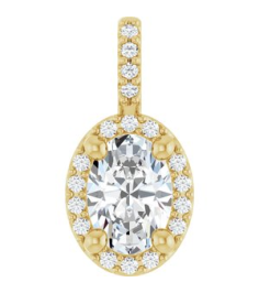 88709 Pendant Set 14K Yellow Oval Lab-Grown Moissanite 7 X 5Mm 0.07 Ctw Natural Diamond I1, G-H Polished Lab-Grown Moissanite And .07 Ctw Natual Diamond 4-Prong Halo-Style Pendant