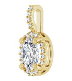 88709 Pendant Set 14K Yellow Oval Lab-Grown Moissanite 7 X 5Mm 0.07 Ctw Natural Diamond I1, G-H Polished Lab-Grown Moissanite And .07 Ctw Natual Diamond 4-Prong Halo-Style Pendant