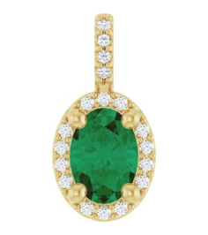 88709 Pendant Set 14K Yellow Oval Lab-Grown Emerald 7 X 5Mm 0.07 Ctw Natural Diamond I1, G-H Polished Lab-Grown Emerald And .07 Ctw Natual Diamond 4-Prong Halo-Style Pendant