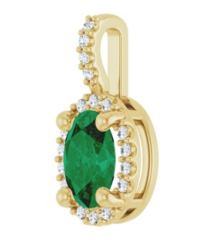88709 Pendant Set 14K Yellow Oval Lab-Grown Emerald 7 X 5Mm 0.07 Ctw Natural Diamond I1, G-H Polished Lab-Grown Emerald And .07 Ctw Natual Diamond 4-Prong Halo-Style Pendant