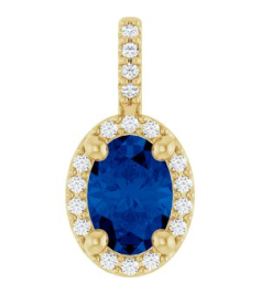 88709 Pendant Set 14K Yellow Oval Lab-Grown Blue Sapphire 7 X 5Mm 0.07 Ctw Natural Diamond I1, G-H Polished Lab-Grown Blue Sapphire And .07 Ctw Natual Diamond 4-Prong Halo-Style Pendant