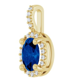 88709 Pendant Set 14K Yellow Oval Lab-Grown Blue Sapphire 7 X 5Mm 0.07 Ctw Natural Diamond I1, G-H Polished Lab-Grown Blue Sapphire And .07 Ctw Natual Diamond 4-Prong Halo-Style Pendant
