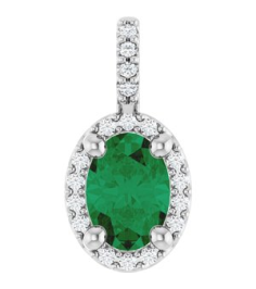 88709 Pendant Set Platinum Oval Lab-Grown Emerald 7 X 5Mm 0.07 Ctw Natural Diamond Si2-Si3, G-H Polished Lab-Grown Emerald And .07 Ctw Natual Diamond 4-Prong Halo-Style Pendant