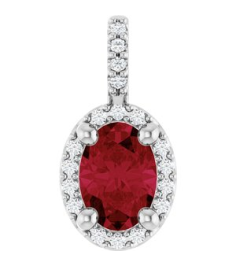 88709 Pendant Set Platinum Oval Lab-Grown Ruby 7 X 5Mm 0.07 Ctw Natural Diamond Si2-Si3, G-H Polished Lab-Grown Ruby And .07 Ctw Natual Diamond 4-Prong Halo-Style Pendant