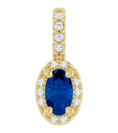 88709 Pendant Set 14K Yellow Oval Lab-Grown Blue Sapphire 5 X 3Mm 0.04 Ctw Natural Diamond I1, G-H Polished Lab-Grown Blue Sapphire And .04 Ctw Natual Diamond 4-Prong Halo-Style Pendant