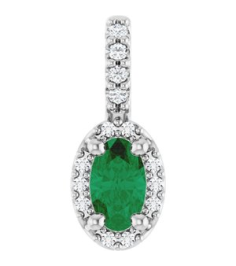 88709 Pendant Set Sterling Silver Oval Lab-Grown Emerald 5 X 3Mm 0.04 Ctw Natural Diamond I1, G-H Polished Lab-Grown Emerald And .04 Ctw Natual Diamond 4-Prong Halo-Style Pendant