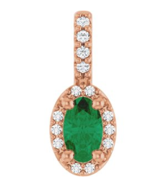 88709 Pendant Set 14K Rose Oval Lab-Grown Emerald 5 X 3Mm 0.04 Ctw Natural Diamond I1, G-H Polished Lab-Grown Emerald And .04 Ctw Natual Diamond 4-Prong Halo-Style Pendant