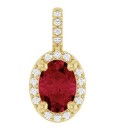88709 Pendant Set 14K Yellow Oval Lab-Grown Ruby 7 X 5Mm 0.07 Ctw Natural Diamond I1, G-H Polished Lab-Grown Ruby And .07 Ctw Natual Diamond 4-Prong Halo-Style Pendant