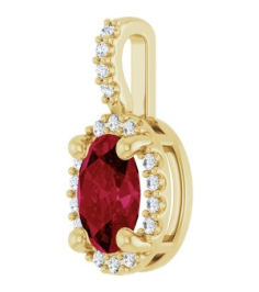 88709 Pendant Set 14K Yellow Oval Lab-Grown Ruby 7 X 5Mm 0.07 Ctw Natural Diamond I1, G-H Polished Lab-Grown Ruby And .07 Ctw Natual Diamond 4-Prong Halo-Style Pendant