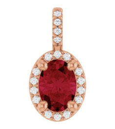 88709 Pendant Set 14K Rose Oval Lab-Grown Ruby 7 X 5Mm 0.07 Ctw Natural Diamond I1, G-H Polished Lab-Grown Ruby And .07 Ctw Natual Diamond 4-Prong Halo-Style Pendant