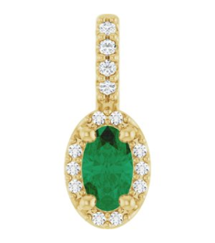 88709 Pendant Set 14K Yellow Oval Lab-Grown Emerald 5 X 3Mm 0.04 Ctw Natural Diamond I1, G-H Polished Lab-Grown Emerald And .04 Ctw Natual Diamond 4-Prong Halo-Style Pendant