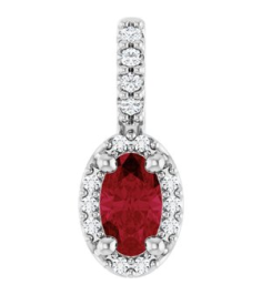 88709 Pendant Set Platinum Oval Lab-Grown Ruby 5 X 3Mm 0.04 Ctw Natural Diamond Si2-Si3, G-H Polished Lab-Grown Ruby And .04 Ctw Natual Diamond 4-Prong Halo-Style Pendant