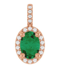 88709 Pendant Set 14K Rose Oval Lab-Grown Emerald 7 X 5Mm 0.07 Ctw Natural Diamond I1, G-H Polished Lab-Grown Emerald And .07 Ctw Natual Diamond 4-Prong Halo-Style Pendant