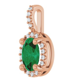 88709 Pendant Set 14K Rose Oval Lab-Grown Emerald 7 X 5Mm 0.07 Ctw Natural Diamond I1, G-H Polished Lab-Grown Emerald And .07 Ctw Natual Diamond 4-Prong Halo-Style Pendant