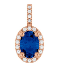 88709 Pendant Set 14K Rose Oval Lab-Grown Blue Sapphire 7 X 5Mm 0.07 Ctw Natural Diamond I1, G-H Polished Lab-Grown Blue Sapphire And .07 Ctw Natual Diamond 4-Prong Halo-Style Pendant