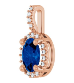 88709 Pendant Set 14K Rose Oval Lab-Grown Blue Sapphire 7 X 5Mm 0.07 Ctw Natural Diamond I1, G-H Polished Lab-Grown Blue Sapphire And .07 Ctw Natual Diamond 4-Prong Halo-Style Pendant