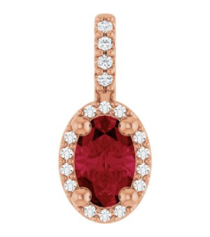 88709 Pendant Set 14K Rose Oval Lab-Grown Ruby 6 X 4Mm 0.05 Ctw Natural Diamond I1, G-H Polished Lab-Grown Ruby And .05 Ctw Natual Diamond 4-Prong Halo-Style Pendant