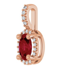 88709 Pendant Set 14K Rose Oval Lab-Grown Ruby 6 X 4Mm 0.05 Ctw Natural Diamond I1, G-H Polished Lab-Grown Ruby And .05 Ctw Natual Diamond 4-Prong Halo-Style Pendant