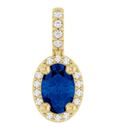 88709 Pendant Set 14K Yellow Oval Lab-Grown Blue Sapphire 6 X 4Mm 0.05 Ctw Natural Diamond I1, G-H Polished Lab-Grown Blue Sapphire And .05 Ctw Natual Diamond 4-Prong Halo-Style Pendant