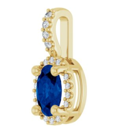 88709 Pendant Set 14K Yellow Oval Lab-Grown Blue Sapphire 6 X 4Mm 0.05 Ctw Natural Diamond I1, G-H Polished Lab-Grown Blue Sapphire And .05 Ctw Natual Diamond 4-Prong Halo-Style Pendant