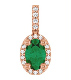 88709 Pendant Set 14K Rose Oval Lab-Grown Emerald 6 X 4Mm 0.05 Ctw Natural Diamond I1, G-H Polished Lab-Grown Emerald And .05 Ctw Natual Diamond 4-Prong Halo-Style Pendant