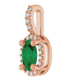 88709 Pendant Set 14K Rose Oval Lab-Grown Emerald 6 X 4Mm 0.05 Ctw Natural Diamond I1, G-H Polished Lab-Grown Emerald And .05 Ctw Natual Diamond 4-Prong Halo-Style Pendant