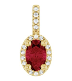 88709 Pendant Set 14K Yellow Oval Lab-Grown Ruby 6 X 4Mm 0.05 Ctw Natural Diamond I1, G-H Polished Lab-Grown Ruby And .05 Ctw Natual Diamond 4-Prong Halo-Style Pendant