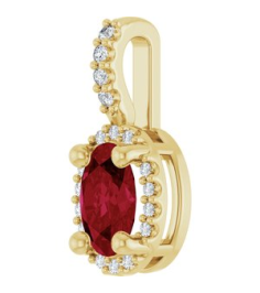 88709 Pendant Set 14K Yellow Oval Lab-Grown Ruby 6 X 4Mm 0.05 Ctw Natural Diamond I1, G-H Polished Lab-Grown Ruby And .05 Ctw Natual Diamond 4-Prong Halo-Style Pendant