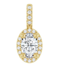 88709 Pendant Set 14K Yellow Oval Lab-Grown Moissanite 6 X 4Mm 0.05 Ctw Natural Diamond I1, G-H Polished Lab-Grown Moissanite And .05 Ctw Natual Diamond 4-Prong Halo-Style Pendant